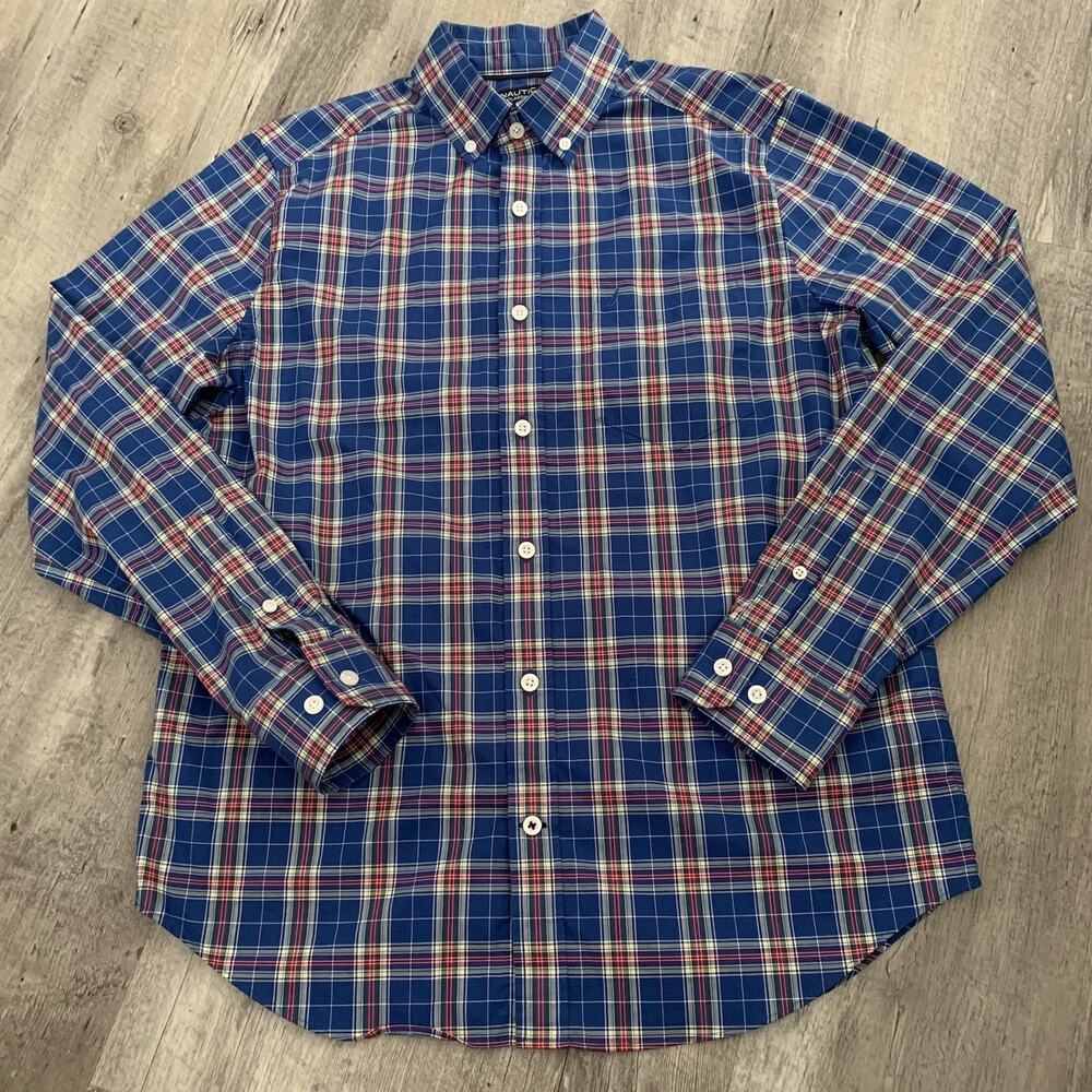 Nautica Flex Classic Fit Shirt Mens Sz Small Navy Blue Plaid Button Up Stretch